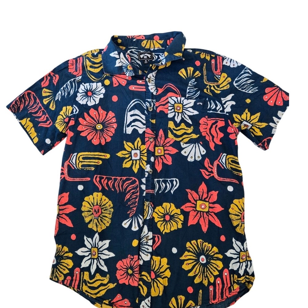 Billabong Mens Navy Blue Tropical Floral Abstract Print Short Sleeve Shirt M
